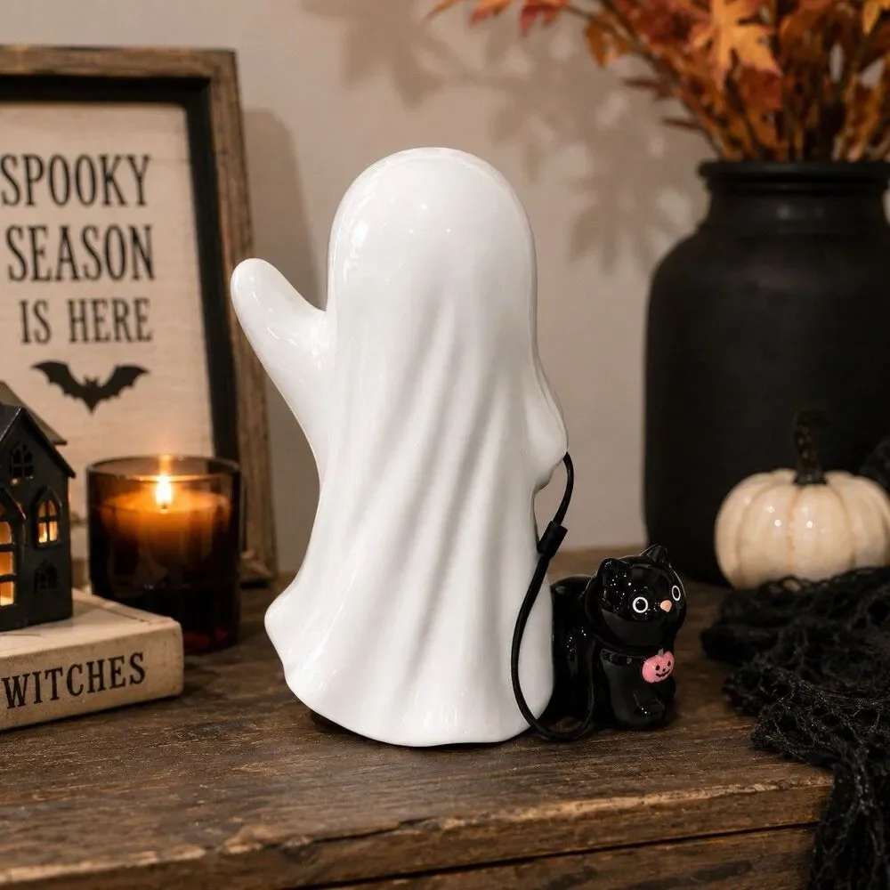 Spooky Hollow LED Ceramic Ghost Walking Black Cat On Leash Halloween Decor 9
